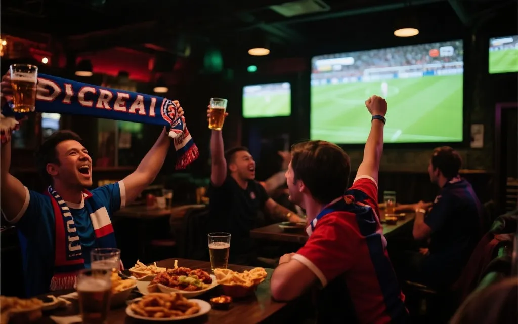 世界杯周末酒吧观赛氛围：大屏幕、举杯、球迷围巾、温暖灯光